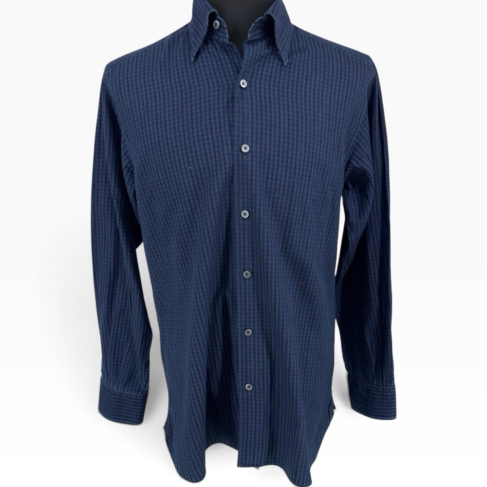 Ermenegildo Zegna Mens Shirt Medium Blue Micro Check Button Up Long Sleeve